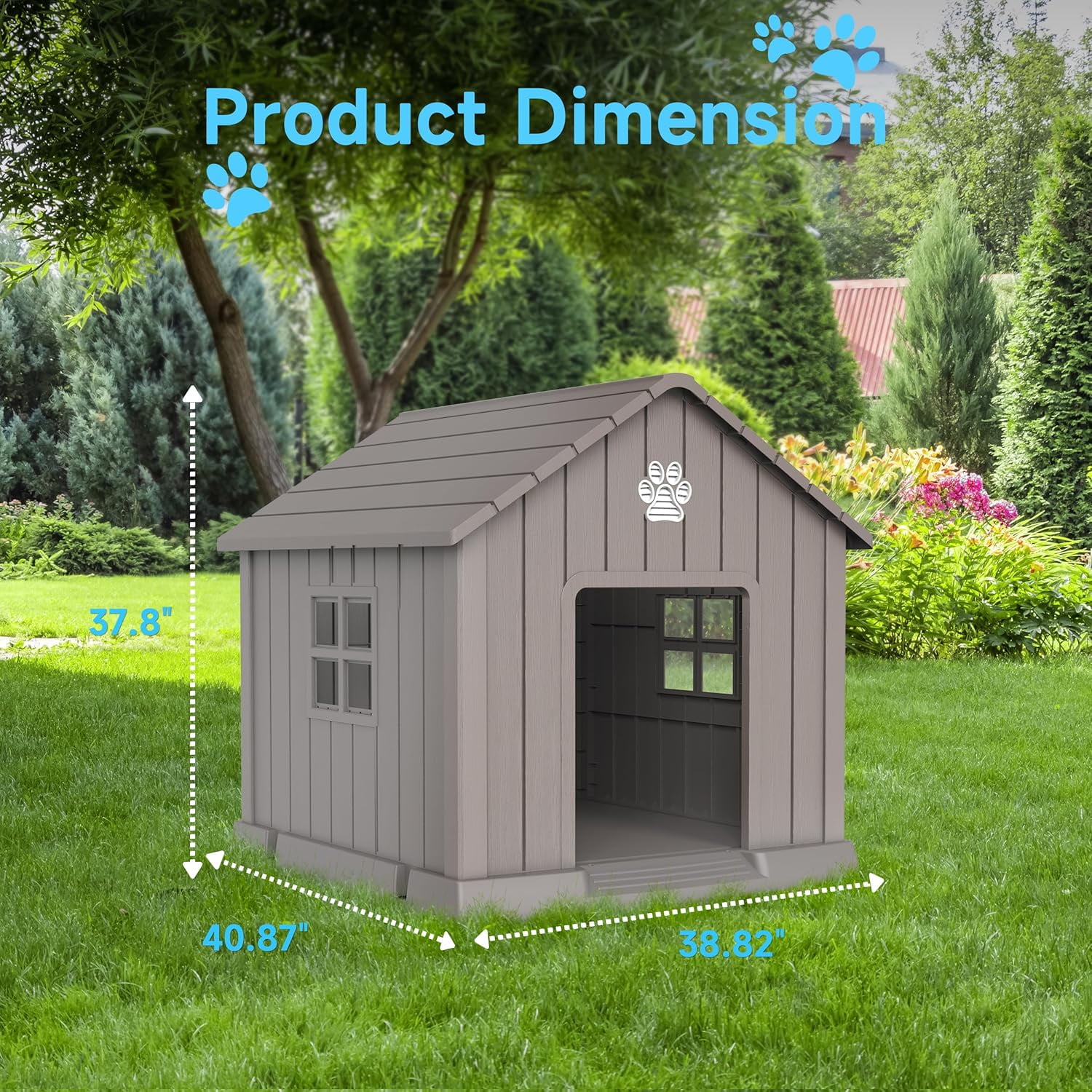31" Indoor/Outdoor Resin Dog House – Large, Waterproof & UV-Protected Shelter with Air Vents, Elevated Floor & Windows – Easy-Clean, Tool-Free Assembly for All Dog Sizes