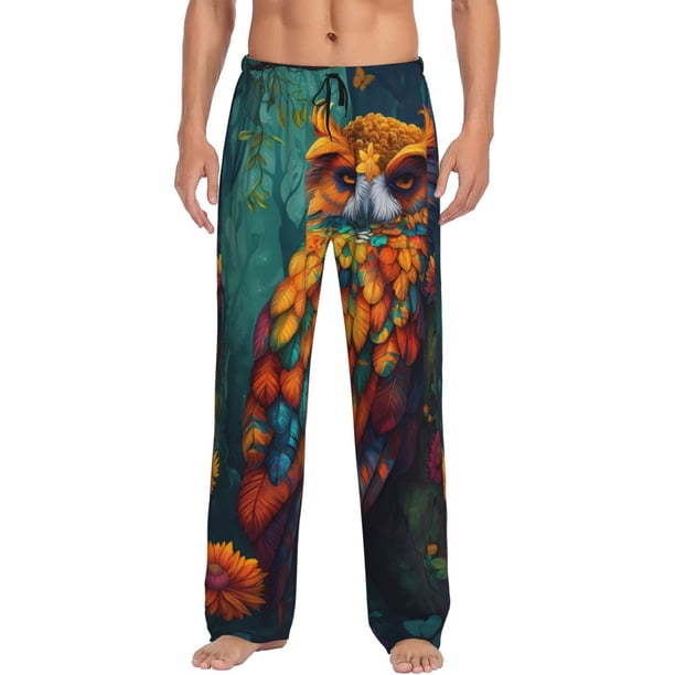 Fotbe Colorful Owl Forest Pantalones de Pijama para Hombre, Pantalones de Dormir, Pantalones de Casa con Cintura Ajustable y Bolsillos-Small