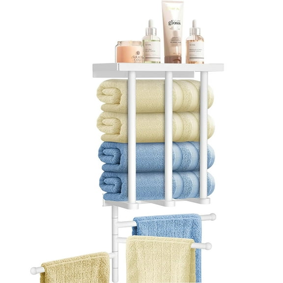 Swivel Towel Rack with 3-Arm Towel Bar, Towel Rack with   Shelf, Towel Storage Holders Wall Mounted, Swing Out Towel   Hanger for Bathroom, Kitchen, White