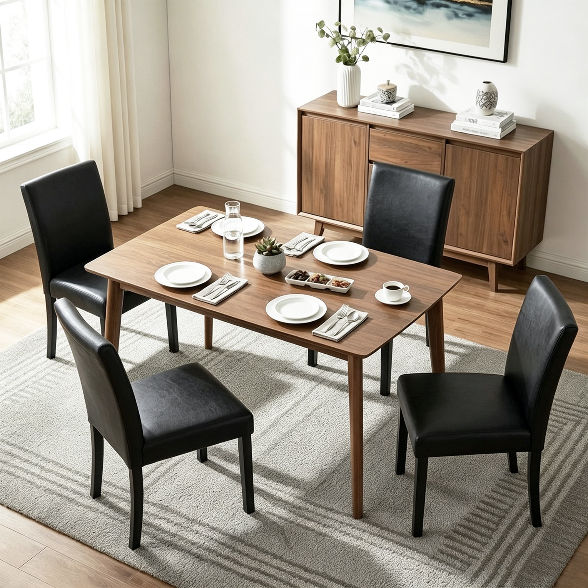 Firmoz Set of 2 Faux Leather Dining Chairs, Upholstered Modern Kitchen Chairs with Wood Legs, Black