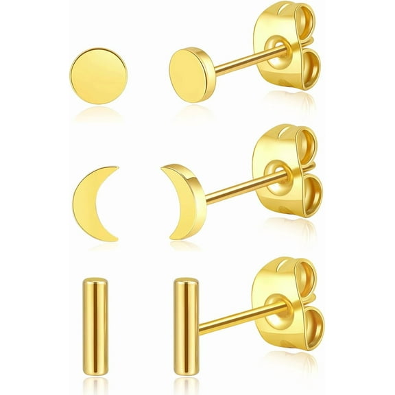3 Pairs Titanium Gold Stud Earrings - Hypoallergenic Moon/Heart/Ball/Bsar/Flat Disc Small Studs Earring for Women Minimalist Silver Nap Earrings Tarnish Resistant Earrings