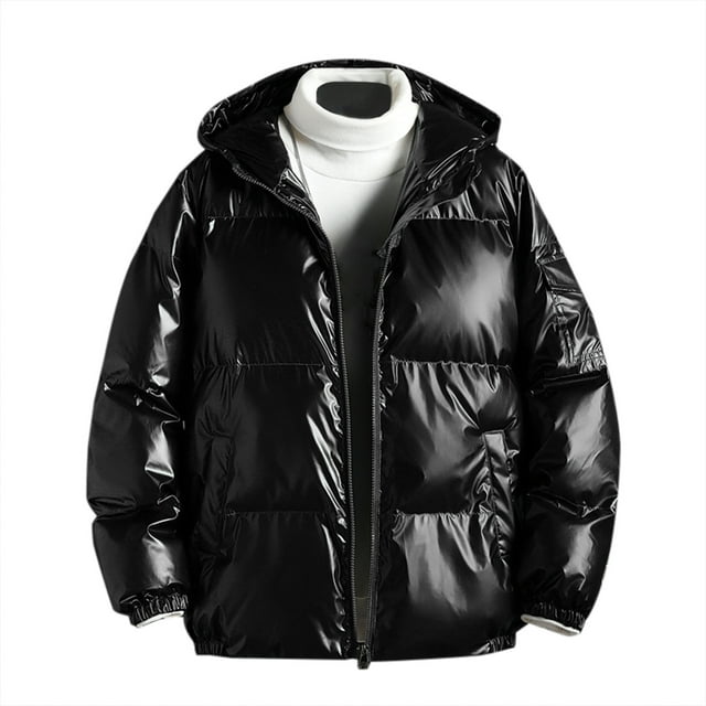 Penkiiy Down Jacket for Men Shiny Hooded Reflective Down Jacket Cotton Jacket Black M Y2K Clothes