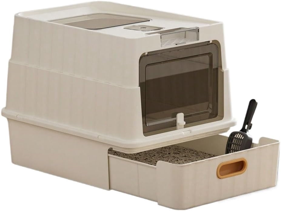 Cat Litter Box, Drawer-Style Enclosed Large Odor-Control Kitty Toilet with Pull-Out Tray, for Kittens, Big Cats & Multi-Cat Homes, White