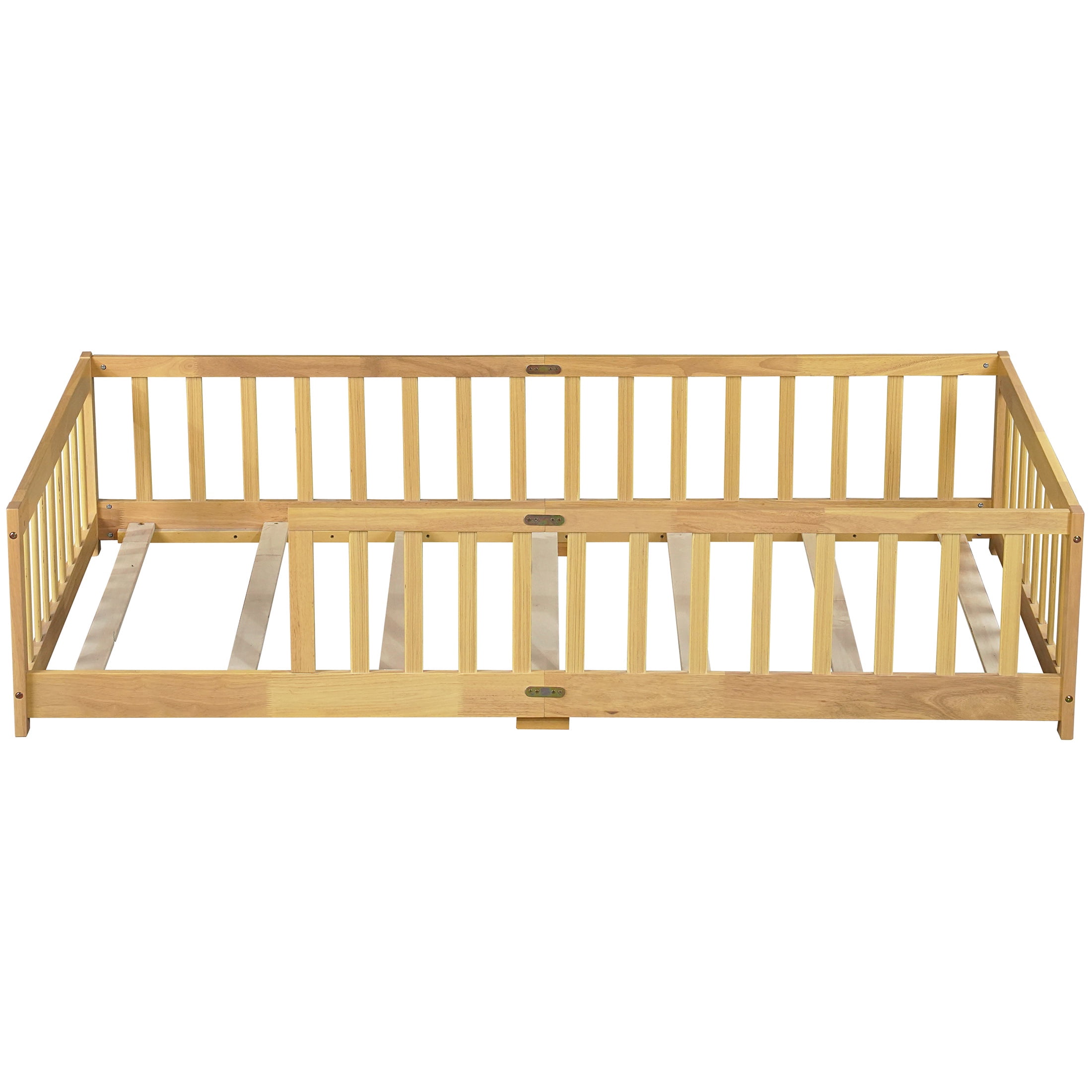 Twin Size Floor Bed with Fence, UHOMEPRO Montessori Floor Bed with Slats and Safety Guardrails, Solid Wood Twin Bed Frame for Bedroom, Natural