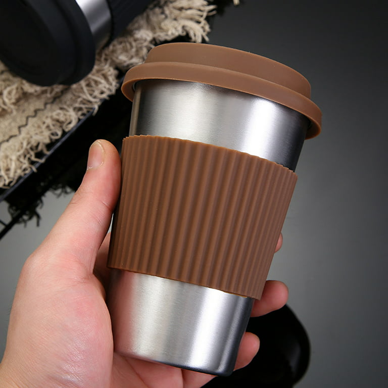 Stainless Steel Coffee Cups with Silicone Lids Non-slip Anti-scalding  Sleeves Case Drinking Tumblers Beer Water Tea Mugs