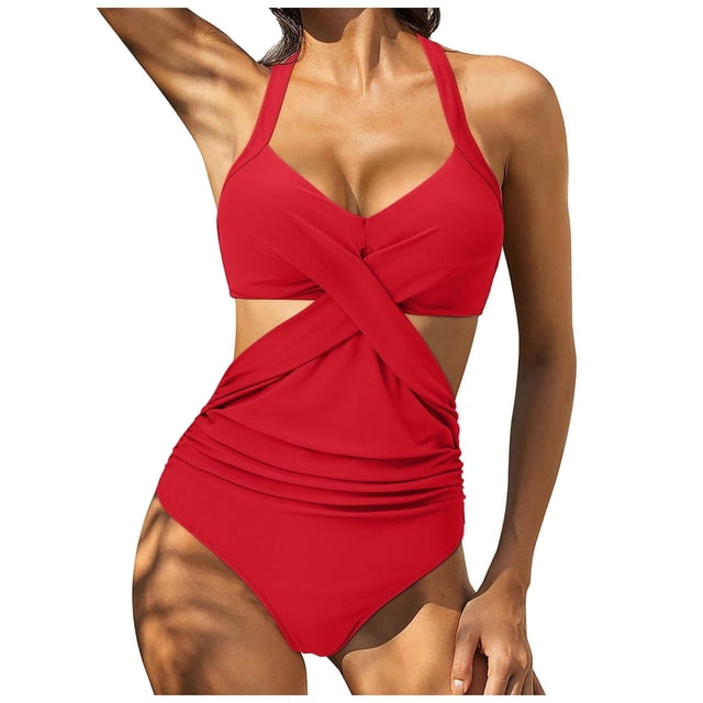 Trajes de baño de una pieza con corte cruzado en la parte delantera para mujer Traje de baño con control de barriga Tankini Monokini Ropa de playa Fridja nalpqowj62536
