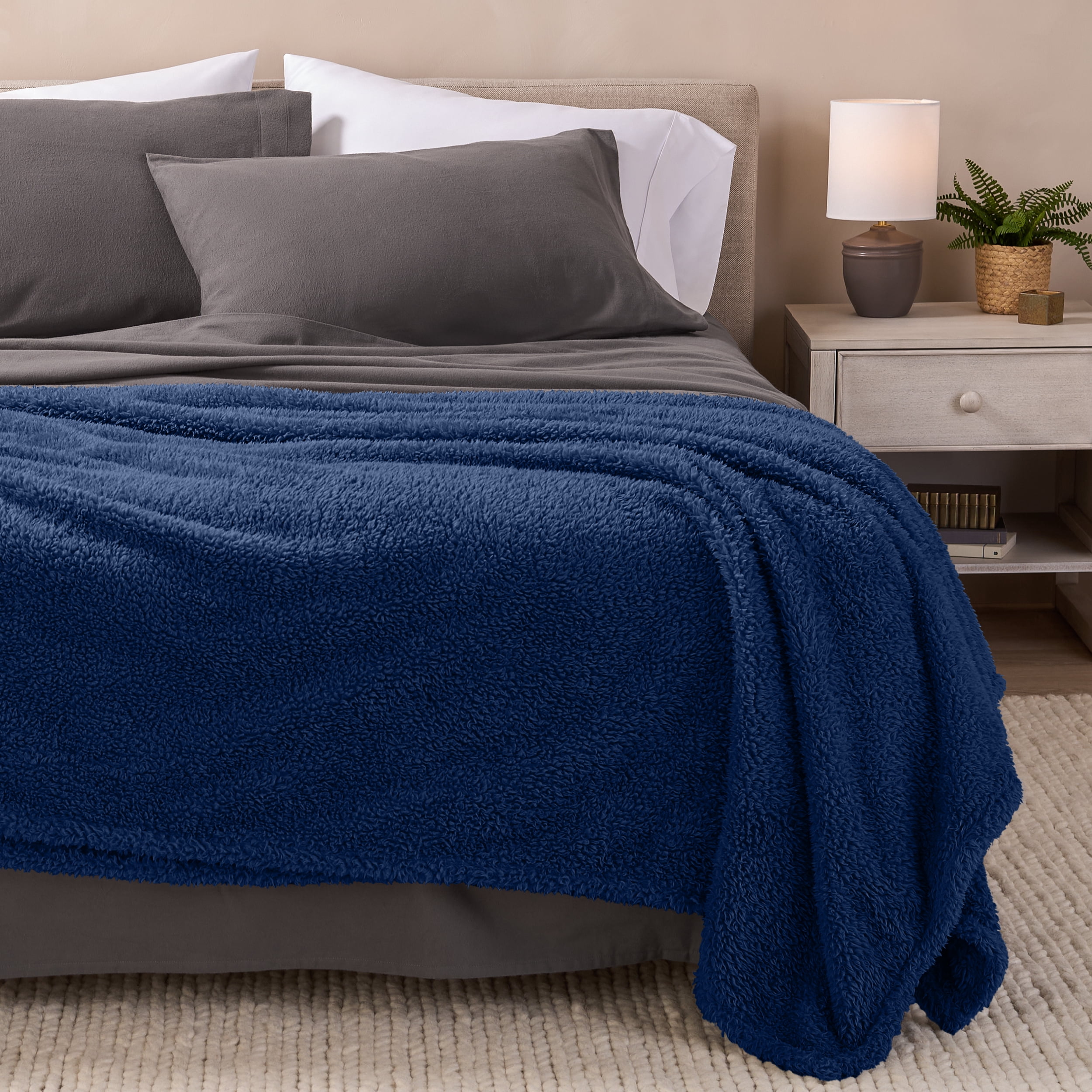 Bare Home Faux Shearling Blanket - Dual Layer - Fluffy & Soft - Lightweight - Twin/Twin XL, Dark Blue