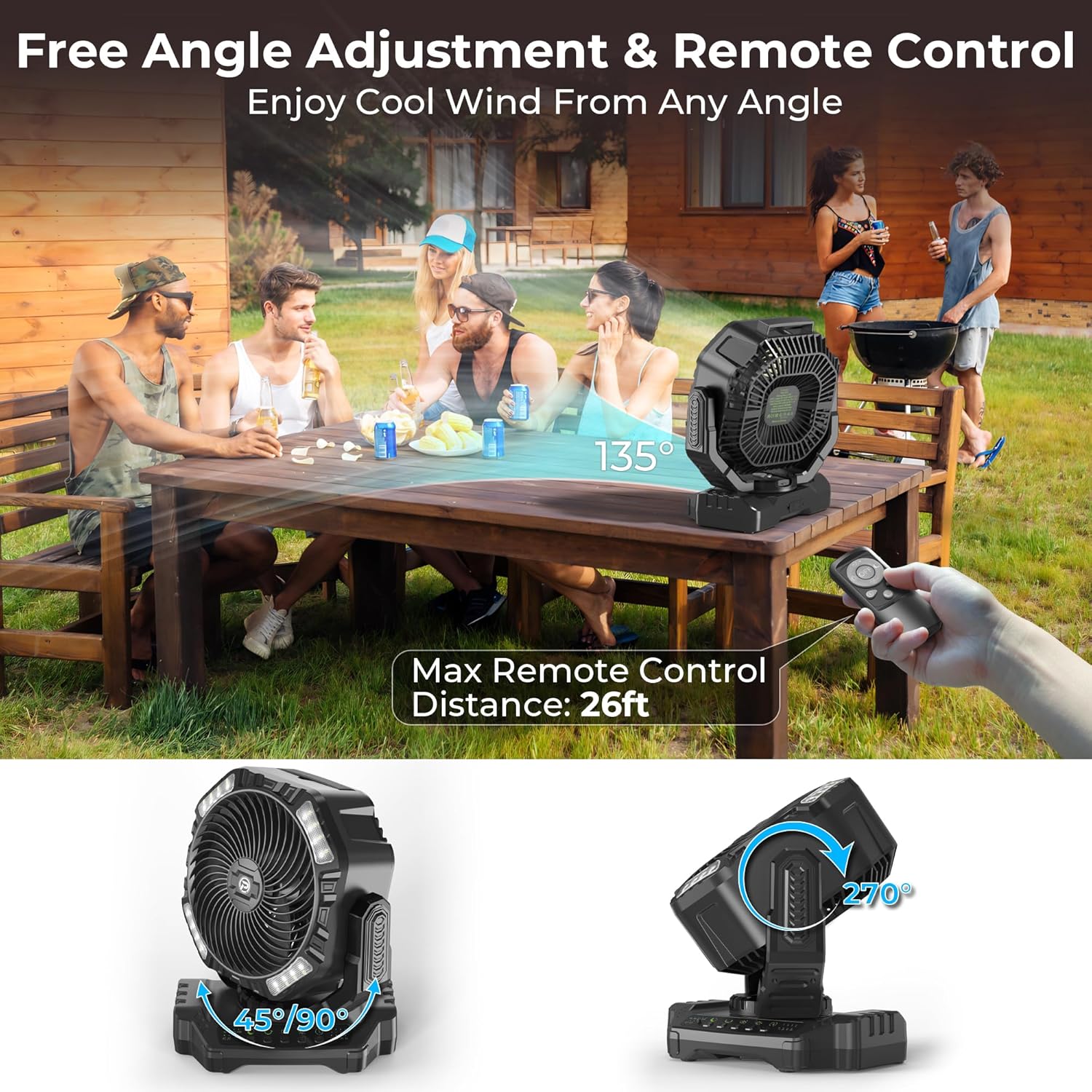 40000mAh Camping Fan with Light - 12in Rechargeable Battery Powered Fan (136H Cool Max), 90Auto Oscillating with Remote & Charger, 4 Speeds & Timers for Outdoor/Patio/Garage/Jobsite/Hurricane/Outage