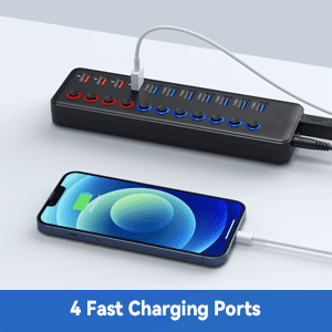 AUBEAMTO Powered USB 3.0 Hub, 11-Port USB Hub Splitter (7 Faster Data Transfer Ports+ 4 Smart Charging Ports) with Individual LED On/Off Switches, USB Hub 3.0 Powered with Power Adapter for Mac, PC