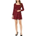 thumbnail image 3 of INSPIRE CHIC Women's Fall Square Neck Long Sleeves a-Line Plaids Dress Black-Red XL, 3 of 7