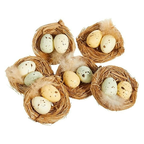 Mini Faux Nests with Speckled Eggs - Set of 6 Easter Decorations, Spring Wreath Embellishments, Craft Supplies, 2.25"W x 1"H