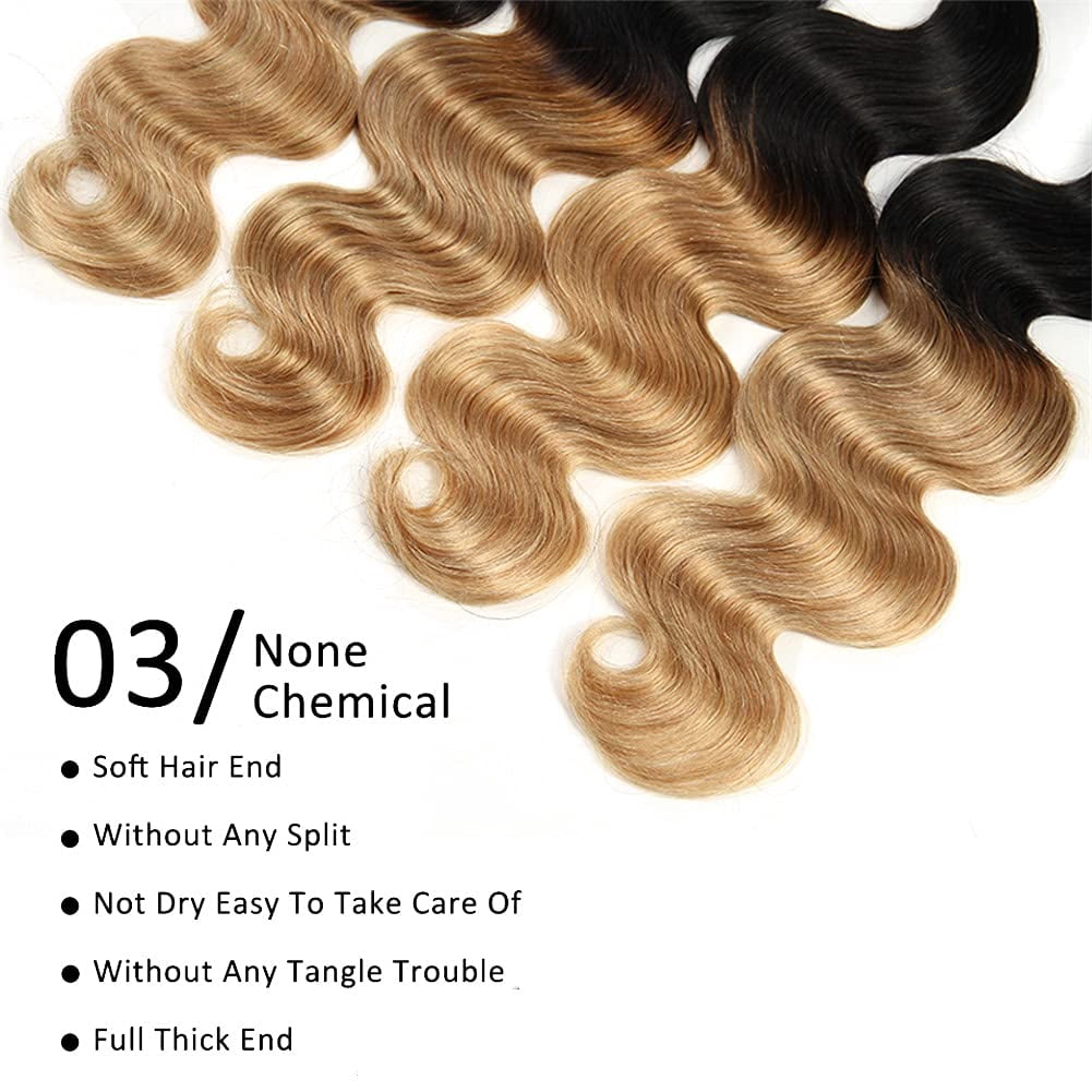Unique Bargains Ombre Two Tone #1B/27 Color Brazilian 3 Bundles 100% Human Hair 10"12"14"inch