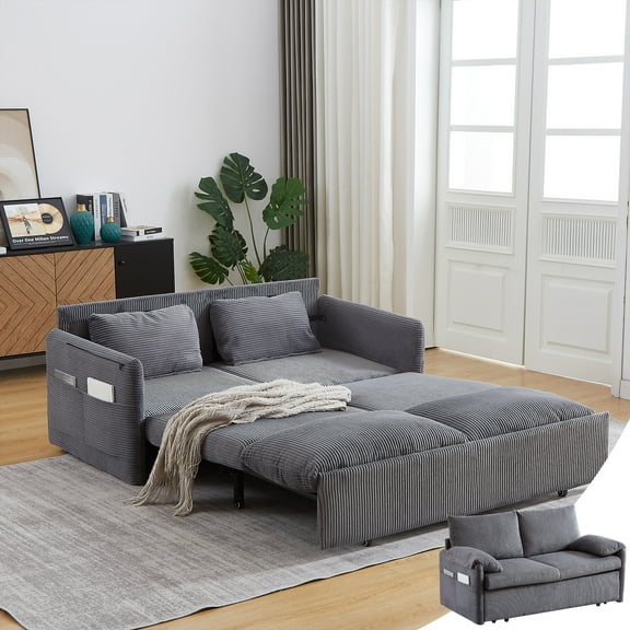 3 In 1 Sleeper Sofa Couch With Pull Out Bed,Queen Size Loveseat Sleeper With Side Pocket For Living Room,Apartment,Office