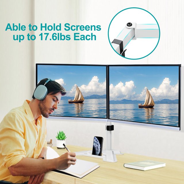 MOUNT PRO Dual Monitor Stand Free-Standing Full Motion Monitor Desk Mount Fits 2 Screens up to 27 inches 17.6lbs with Height Adjustable Swivel Tilt Rotation VESA 75x75 100x100 White