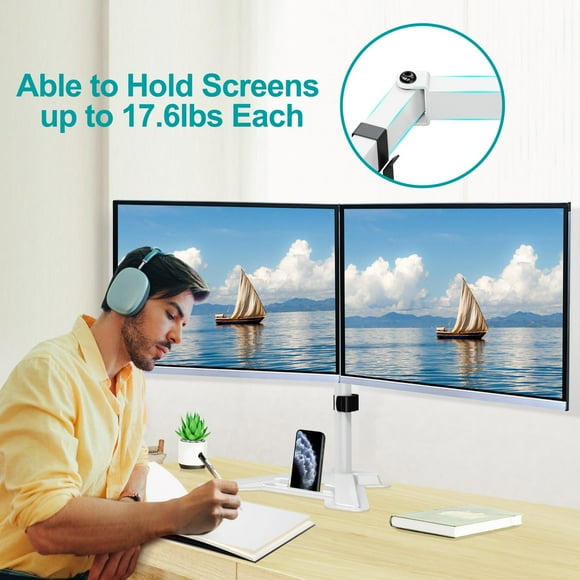 MOUNT PRO Dual Monitor Stand Free-Standing Full Motion Monitor Desk Mount Fits 2 Screens up to 27 inches 17.6lbs with Height Adjustable Swivel Tilt Rotation VESA 75x75 100x100 White