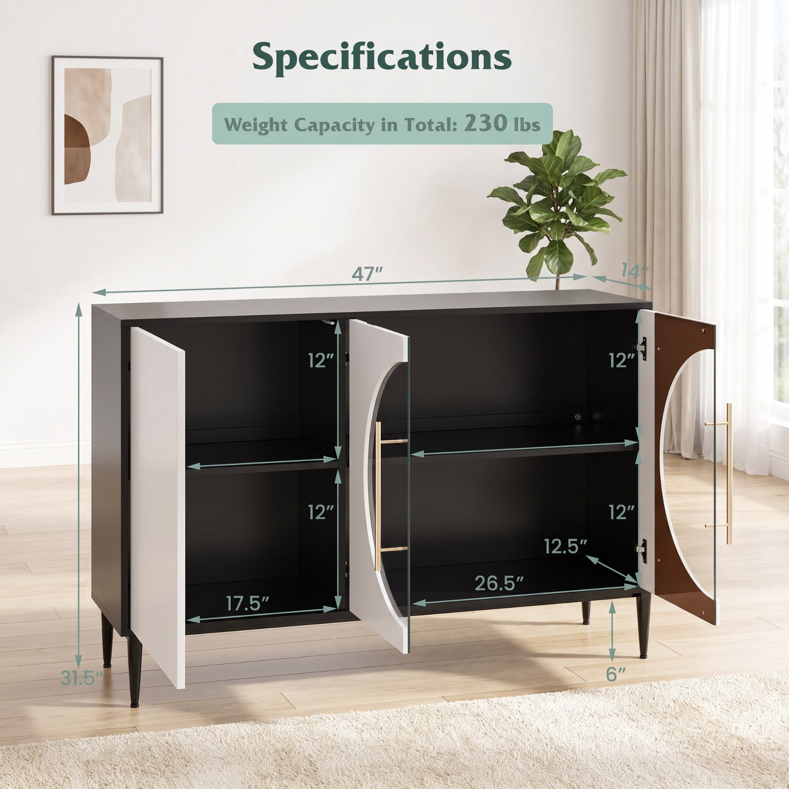 Furnibear Sideboard Cabinet with Tempered Glass Door for Living Room Dining Room Kitchen for Kitchen Dining Living Room Buffet Storage Server, White