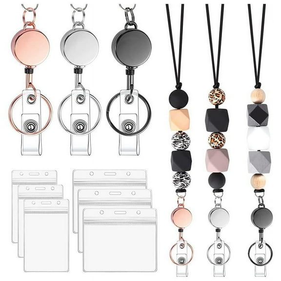 3 Set Retractable Lanyard for ID Badges, Teacher Lanyard with ID Holder Beaded Lanyards for Women B