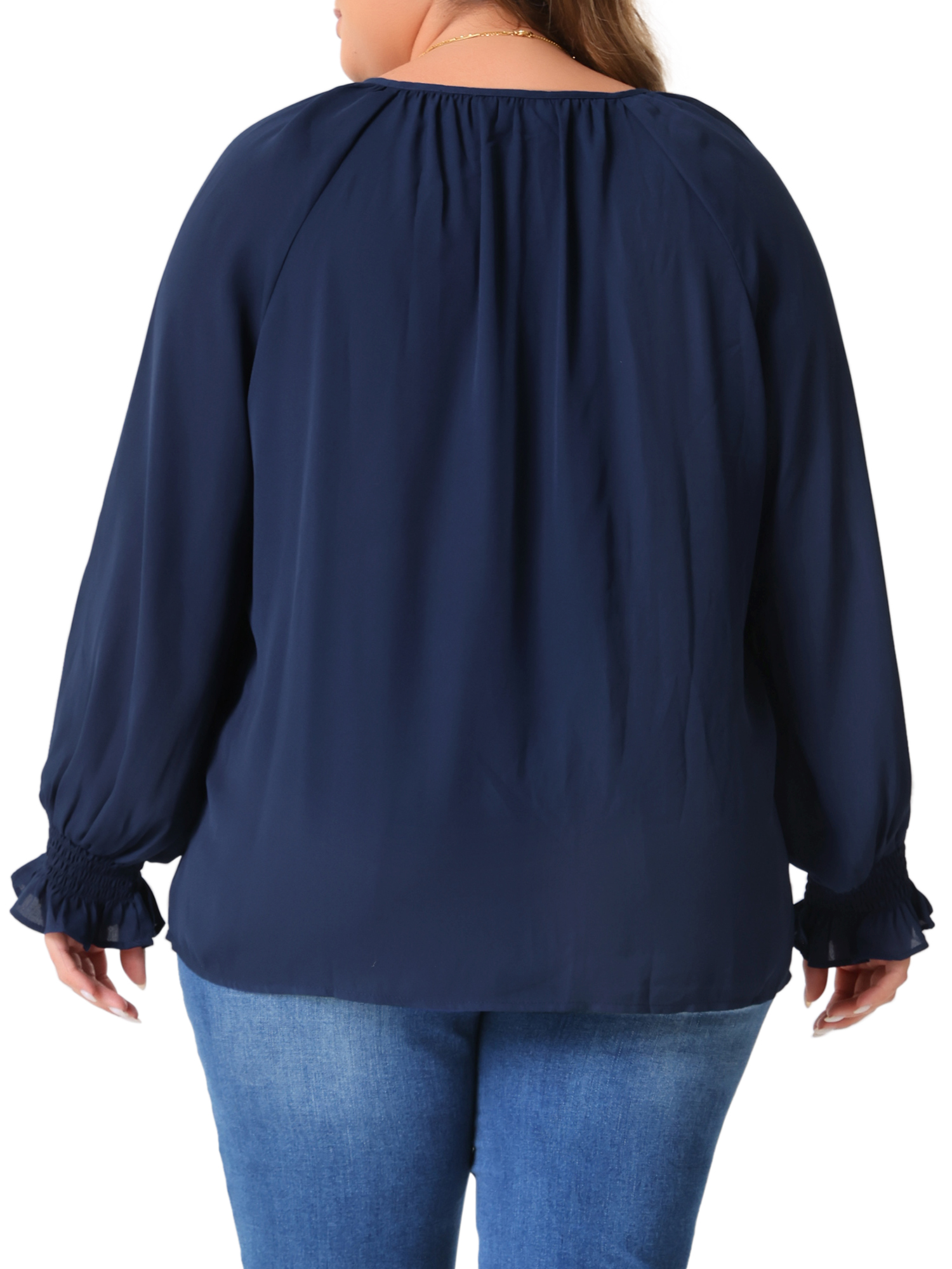 DARING DIVA Women's Plus Casual V Neck Drawstring Long Sleeve Blouse 1X Navy Blue