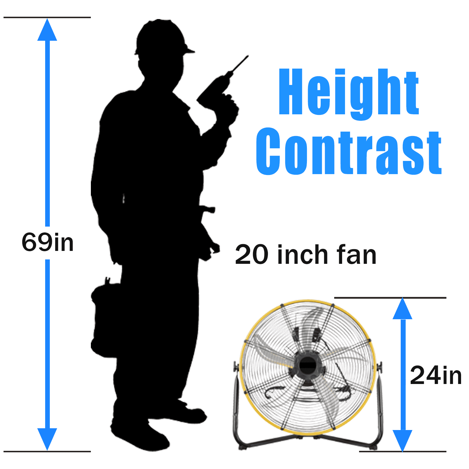 20" High Velocity Industrial Drum Fan, 6300 CFM 3-Speed, 180° Tilting Head, Heavy-Duty Metal Construction with Aluminum Blades, Built-in Cord Storage, for Commercial & Industrial Use