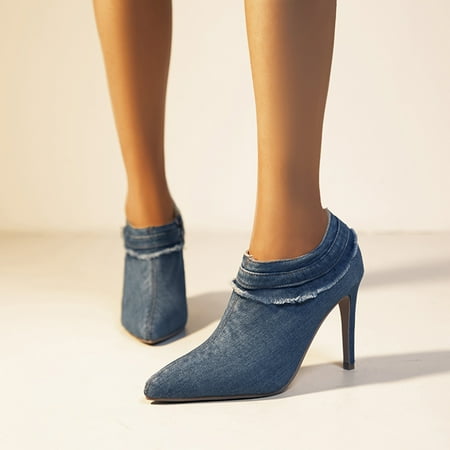 

Sunhillsgrace Women s High Heels Ladies Fashion Solid Color Denim Pointed Shallow Side Zipper Thin High Heels Shoes