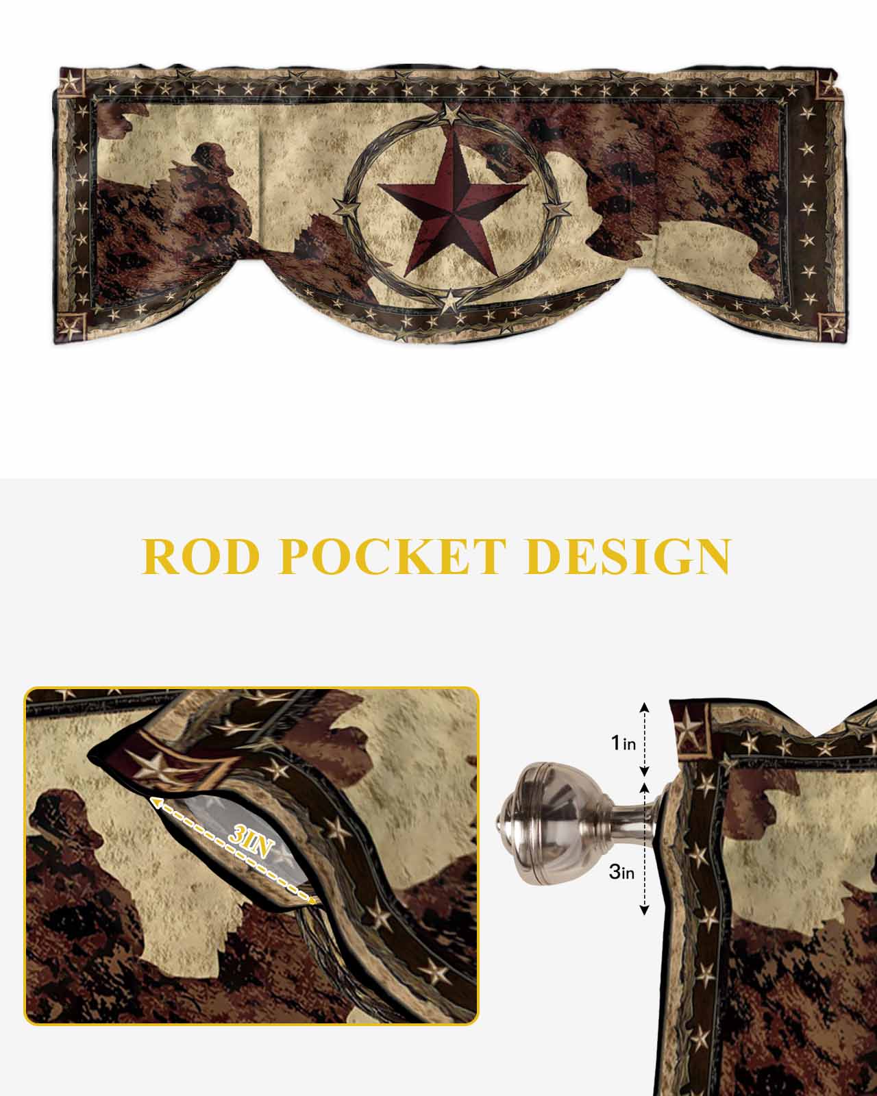 Western Texas Star Tie Up Valances Curtain, Adjustable Kitchen Brown Rustic Village Retro Red Stars Wood Grain Valances for Windows Decor, Rod Pocket Short Curtains Set for Bedroom/Bathroom, 60"x18"