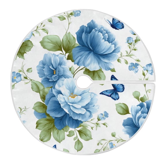 RMDQTR Festive Christmas Tree Skirt35.4x35.4in - Holiday Home Decor for Xmas Party Beautiful Blue Orchids and Butterflies