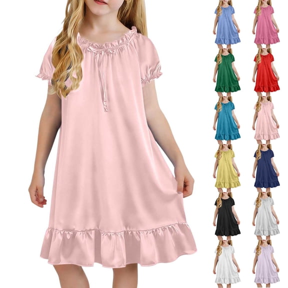 THDHVS Girls Summer Dress,Girls Solid Puff Short Sleeve Ruffle Hem Dress Round Neck Casual Sleepwear Summer,Dresses for Girls 4-5 Years