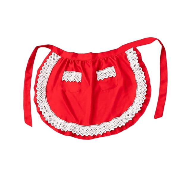 Delantal de cintura para mujer con bolsillos, delantal de cocina con volantes, delantal de mucama para bar, Rojo