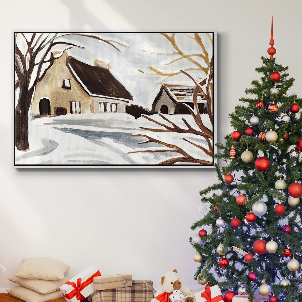 Winter Cottage II - Framed Gallery Wrapped Holiday Canvas - 25 x 37 - White Frame