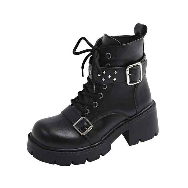 Bottes de Mode Noires pour Femmes avec Boucle Robuste, Bout Rond, Détail à Lacets, Talon Moyen pour un Style Chic et Résistant