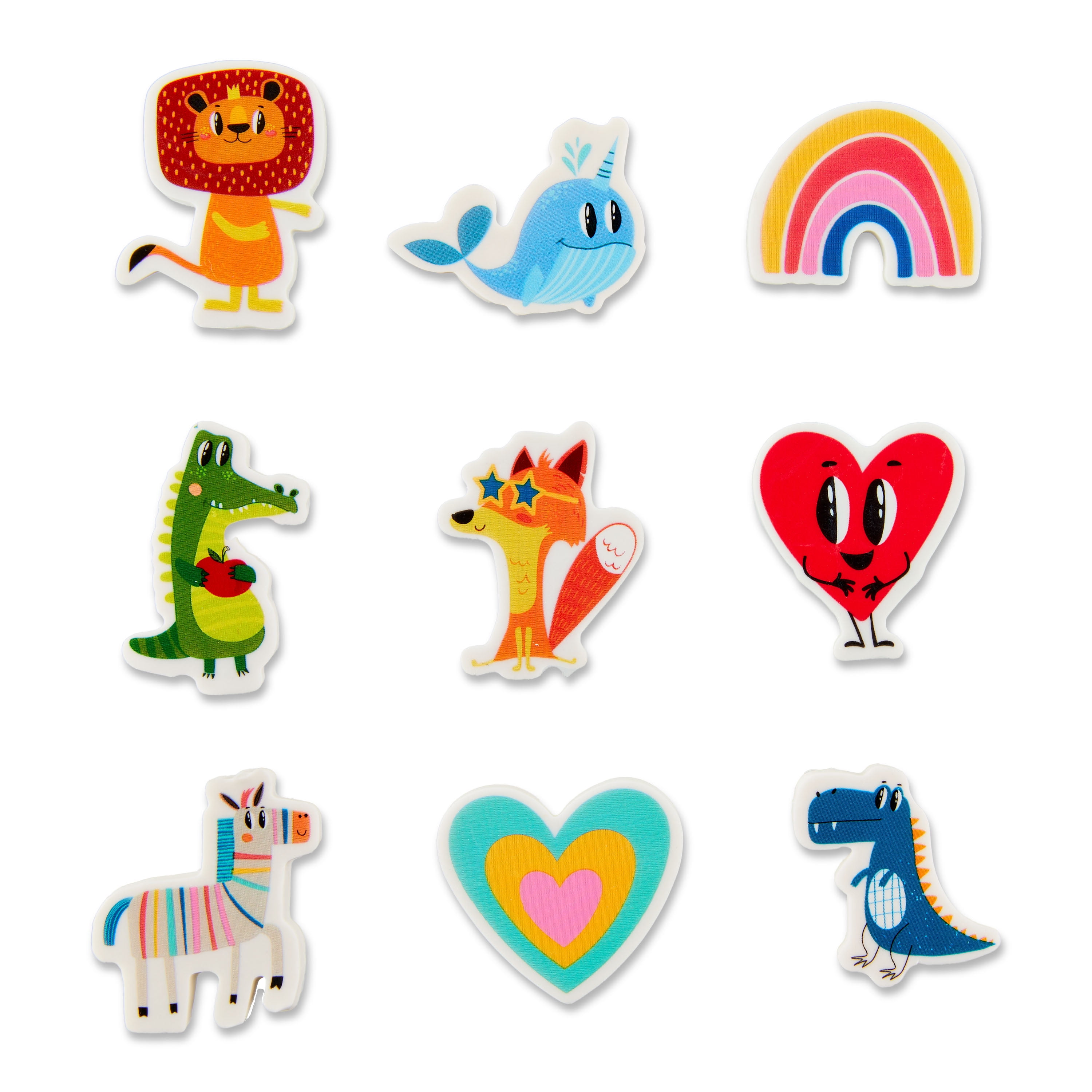 WAY TO CELEBRATE! Way To Celebrate 9 Assorted Eraser, Multi Colors, Lion, Nar-whale, Rainbow, Alligator, Fox, Red Heart, Unicorn, Rainbow Heart and Dinosaur Shapes