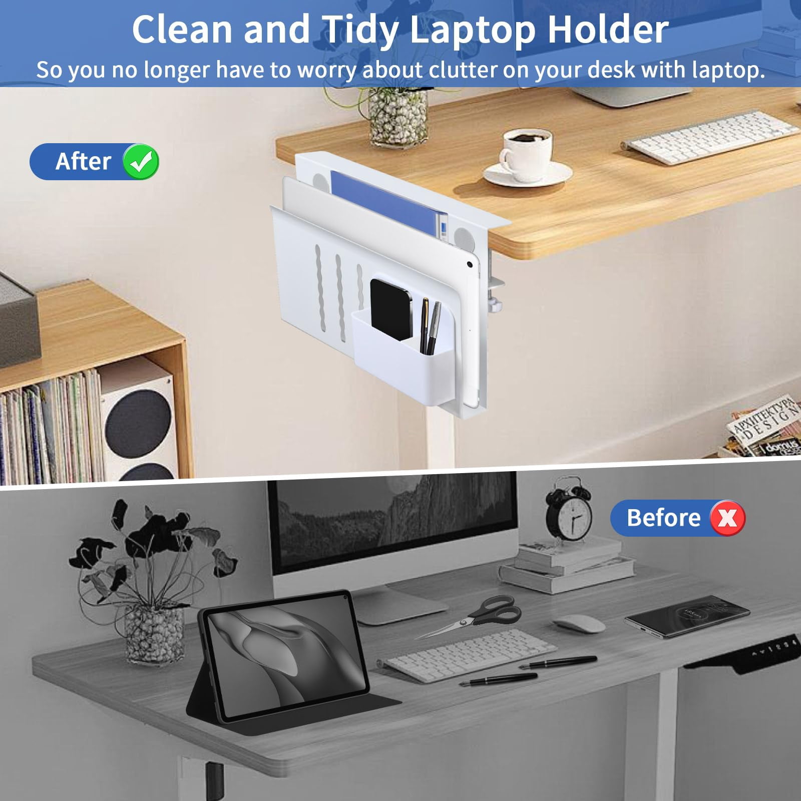 Desk Side Storage  Steel Organizer No Drill Laptop Holder Clamp On Mount With Pen Table Hanging For Home Office Fits Flat Edge Tables 0.3" To 2.8"
