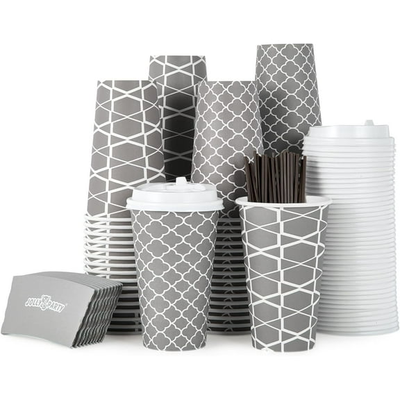 g  [100 Sets] 16 oz Paper Coffee Cups, Disposable Coffee Cups with Lids, Sleeves and Straws, Hot Cold Beverage Drinking Cup for Water, Coffee or Tea, To-Go Cup Suitable for Office and Travel, cup