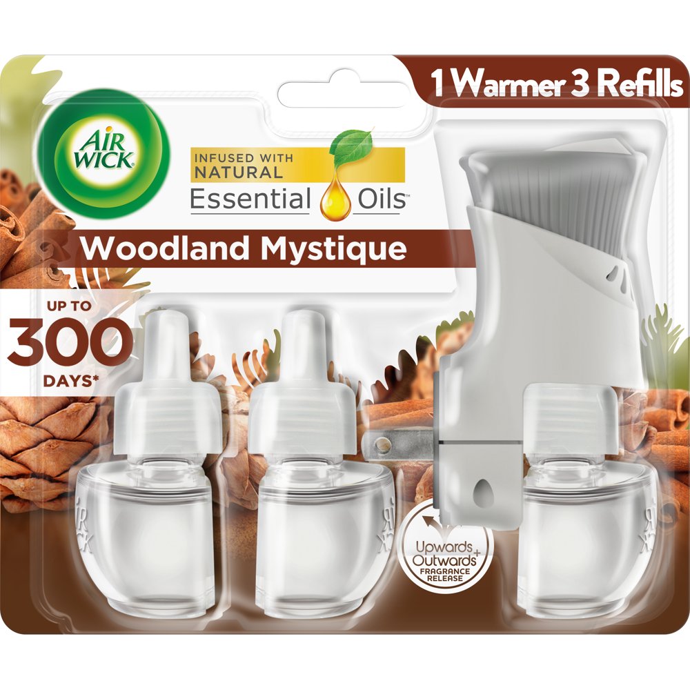 Air Wick Plug in Scented Oil Starter Kit (Warmer + 3 Refills), Woodland