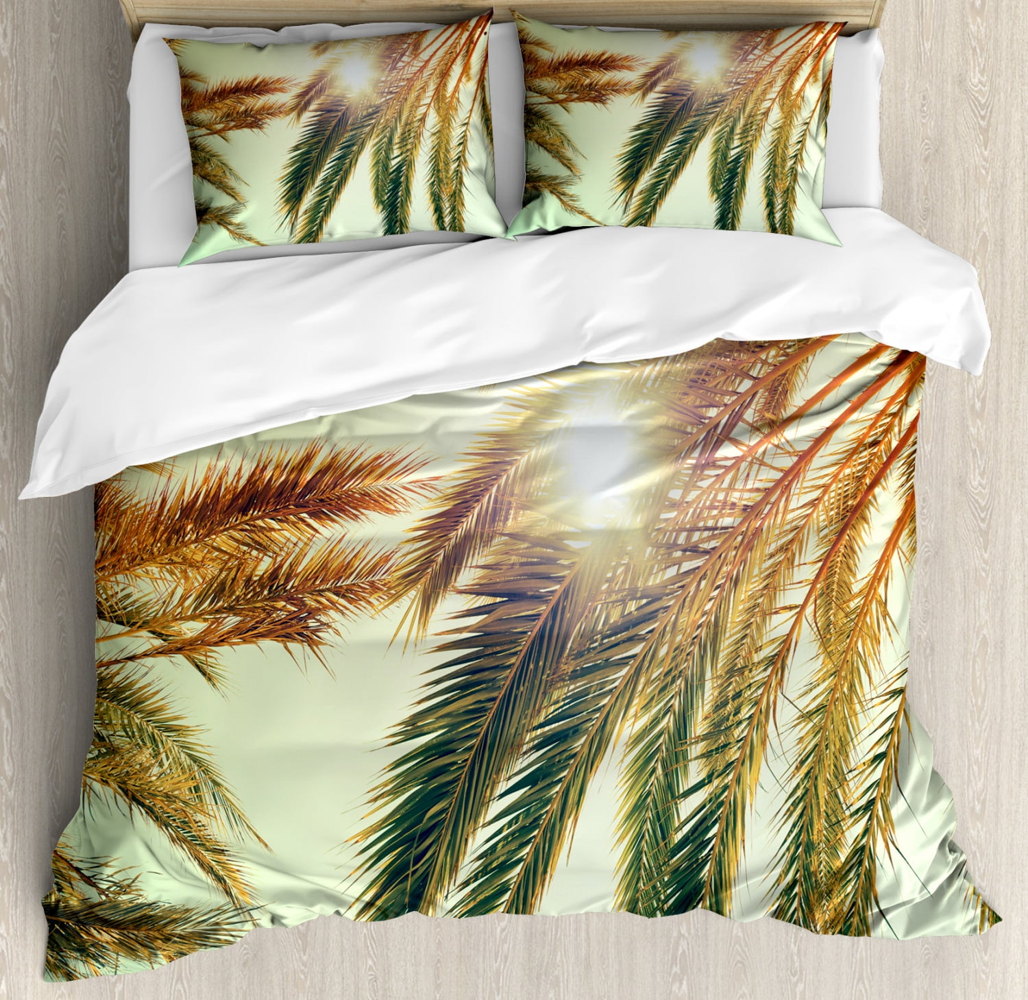 Palm Leaf King Size Duvet Cover Set, Beaming Sun Through Tree Branches