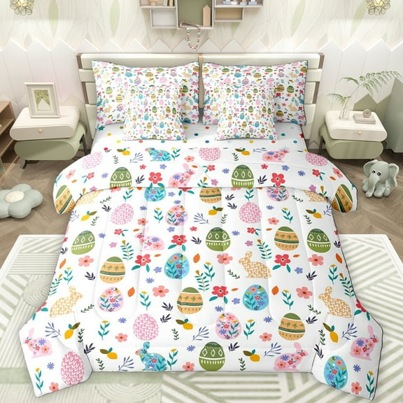 Manfei Boho Dinosaur Egg 7-Piece Twin Bedding Sets,Cute Cartoon Flower Bedding Comforter Set,Kawaii Rabbit Print Sheet Sets For Girls Kids,Breathable Home Decor Reversible