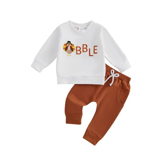 Baby Toddler Boy Thanksgiving Outfits 3 6 12 18 24 Months 2T 3T Long Sleeve Embroidery Sweatshirt   Pants Set Clothes