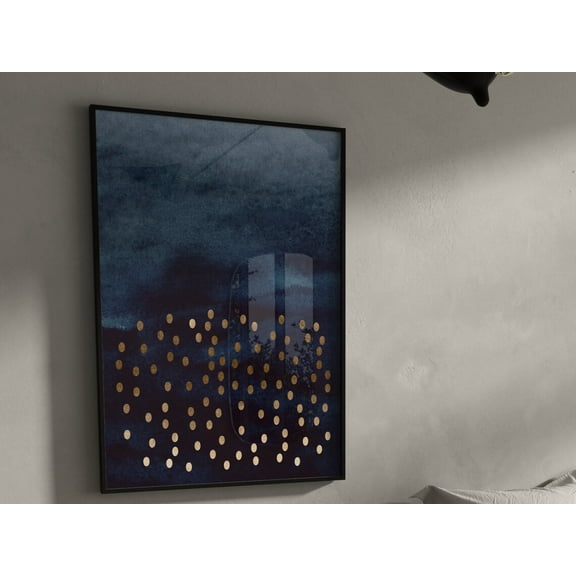 Blue And Gold Wall Art Print · Abstract Art · Dark Blue Wall Art, Maximalist Decor, Living Room Decor, Watercolour Minimalist Wall Art, Navy Wall Art, Modern Wall Decor, 8x12 UNFRAMED