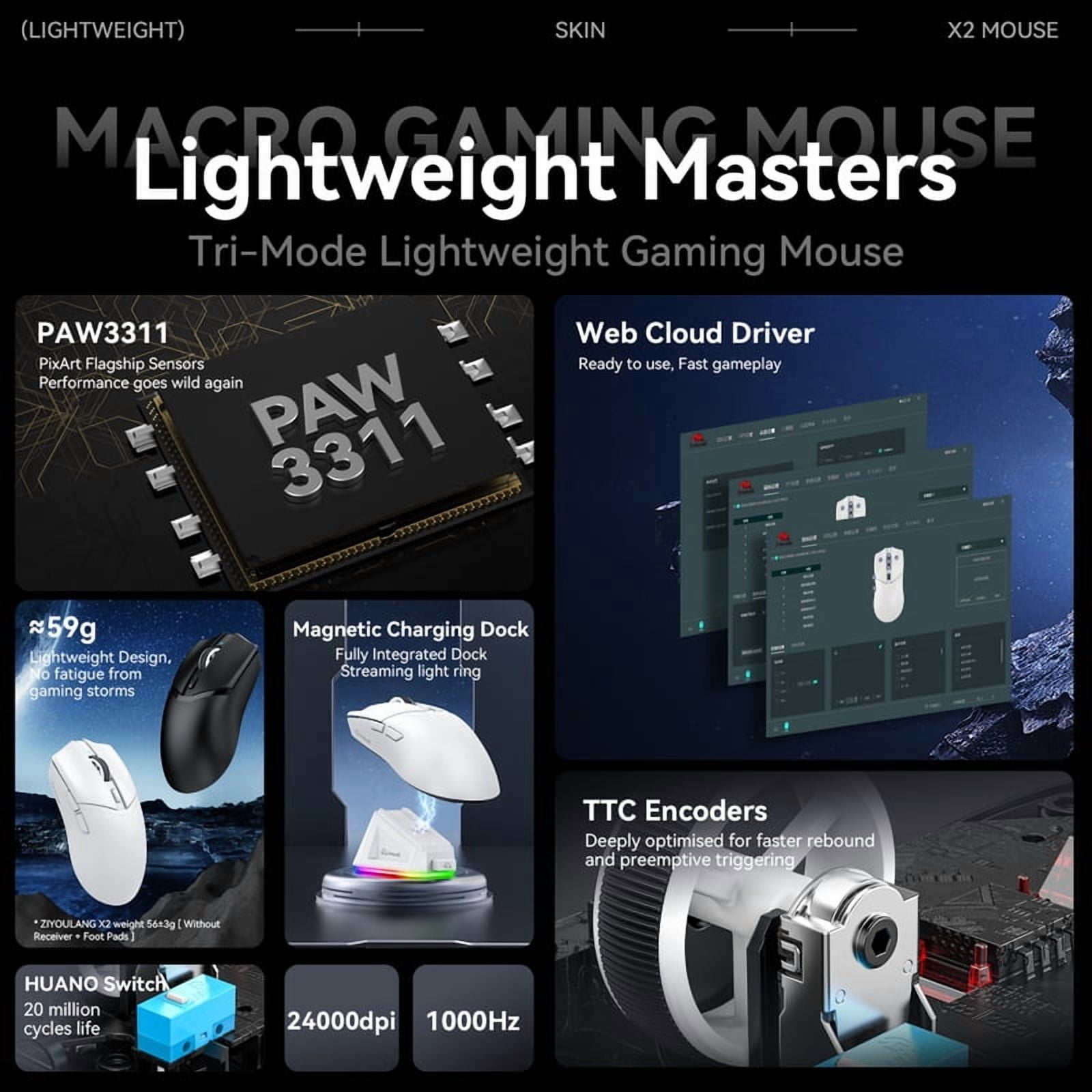 X2 Gaming Mouse Wireless RGB Magnetic Charger,24000DPI,1K Return Ziyoulang Bluetooth Tri-Mode Connection,PAW3311 MacroGame Mouse