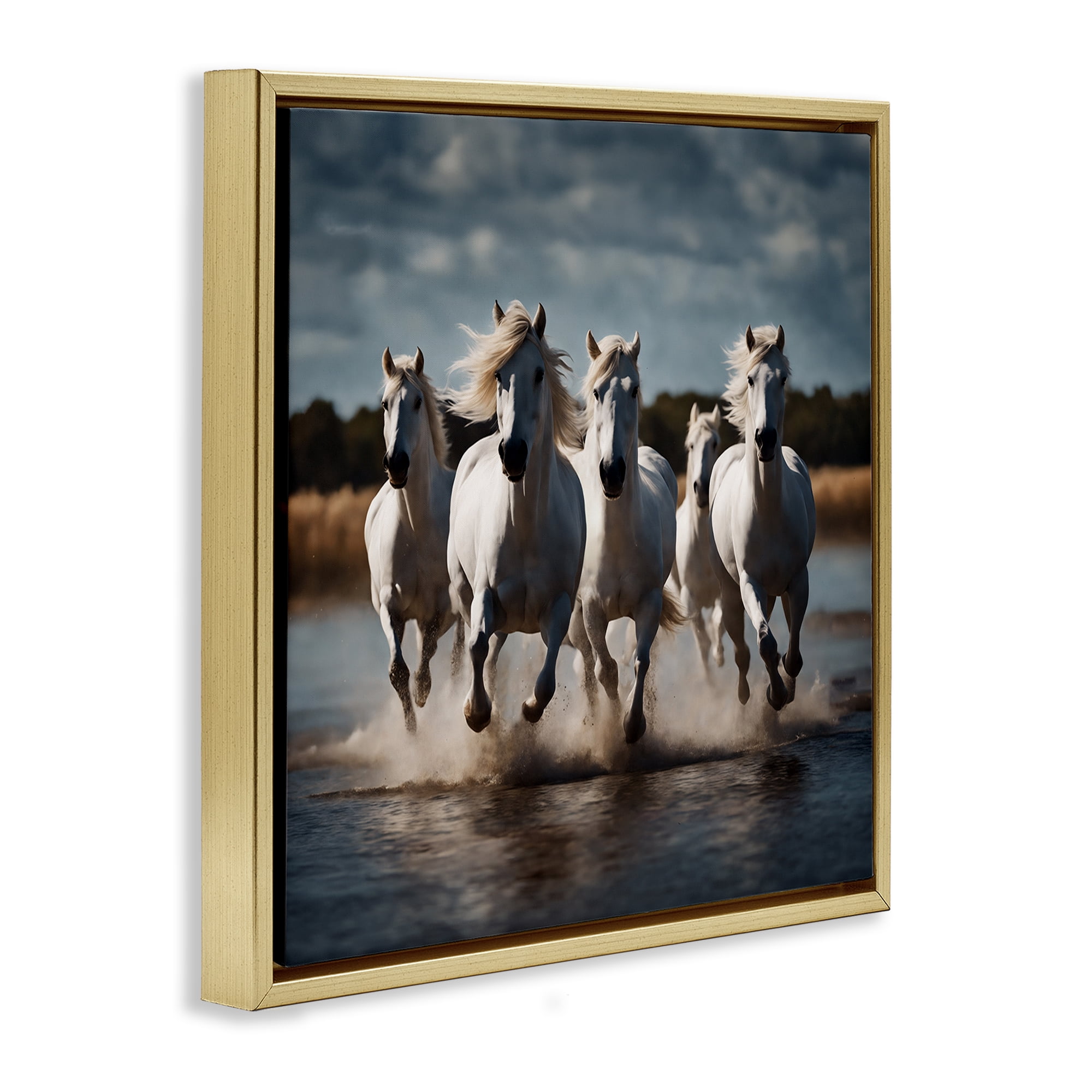 Stupell Industries Galloping Stallions Splash Animals Painting Gold Floater Framed Canvas Art Print Wall Art, 25 x 25