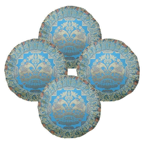 Stylo Culture Ethnic Brocade Decorative Throw Pillow Sham Covers Turquoise 17x17 Traditional Jacquard Weave Pleated Border Sofa Cushion Covers 43 x 43 cm Satin Elephant Round Pillow Cases | Set Of 4