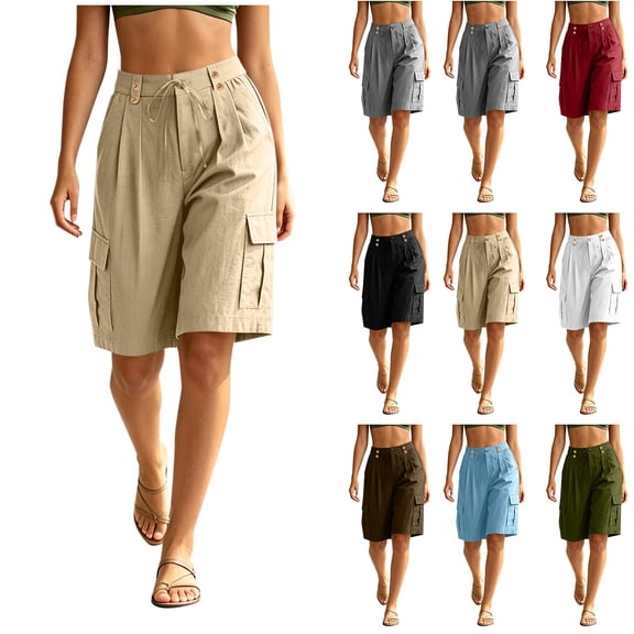 Dxzfnsa Bermuda Cargo Denim Shorts for Women Knee Length with Pockets Elastic Waist Long Jorts for Summer Casual S-2XL