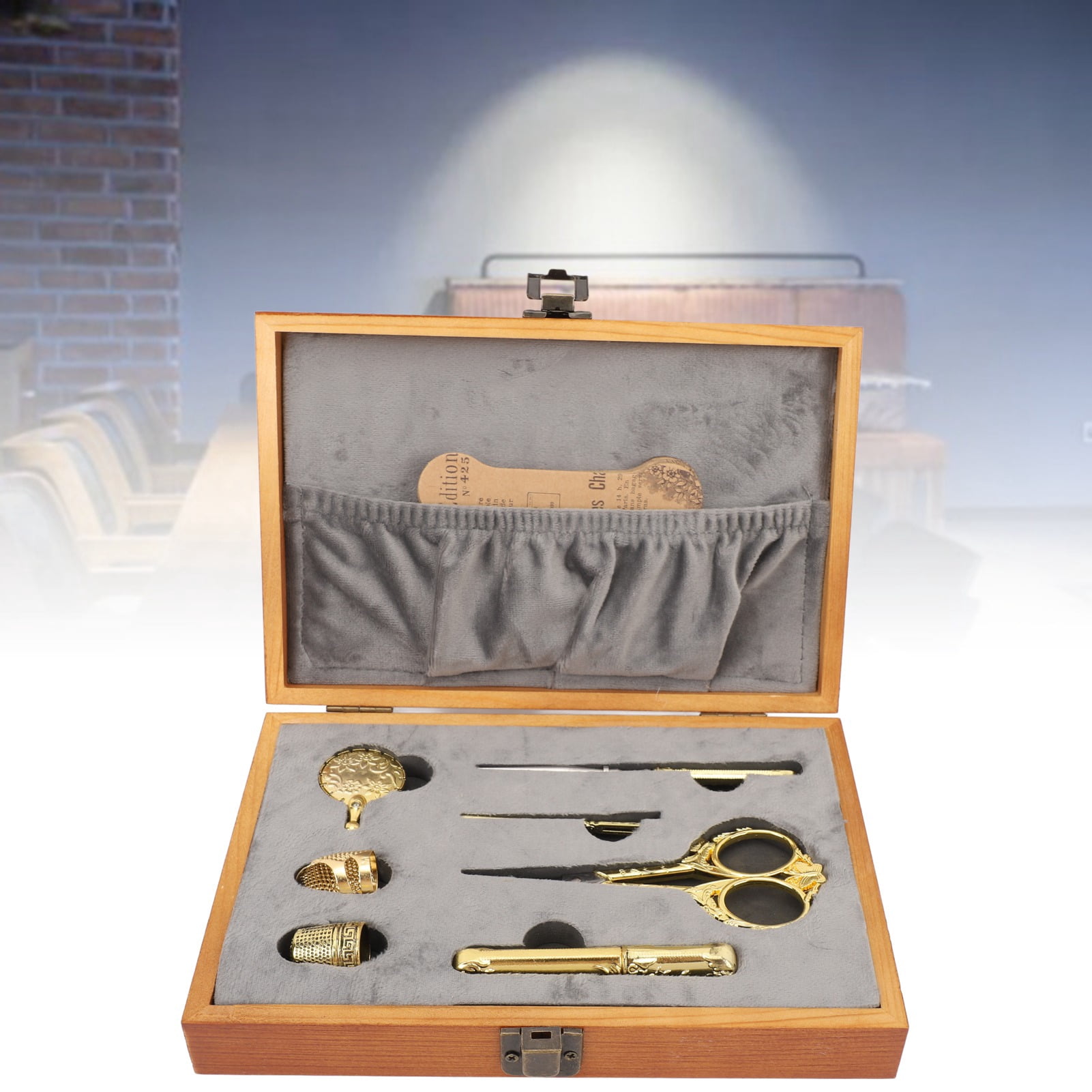 Nieyigj 30Pcs Vintage Sewing Box Wooden Multifunctional Sewing Kit Set with Shear Thread Cutter Thimble and Copper Needle Tube for Home Travel DIY Crafting - 9.45x7.09x1.97 inches / 24x18x5 cm
