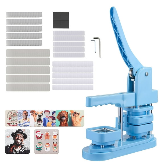 VEVOR Button Maker Machine, 1.97 x 1.97 in Square, Plastic Pin Maker with Tinplate Front Shells, Plastic Back Covers, Magnetic Backings and Transparent Films, Ergonomic Handle, for DIY Badges, Blue
