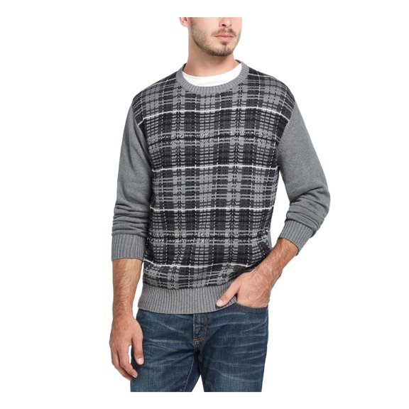 WEATHERPROOF VINTAGE Mens Gray Plaid Long Sleeve Crew Neck Classic Fit Knit Pullover Sweater M