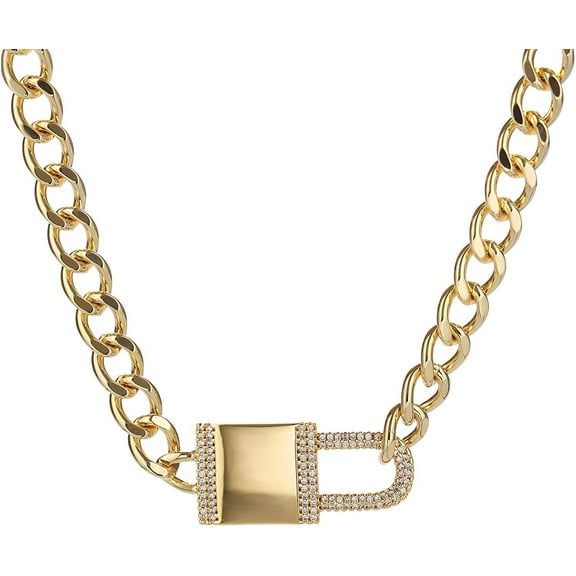 Gold Plated Trendy Cuban Link Chain With Micro Pave Lock Charm Mens Womens Necklace, Giorgio Bergamo