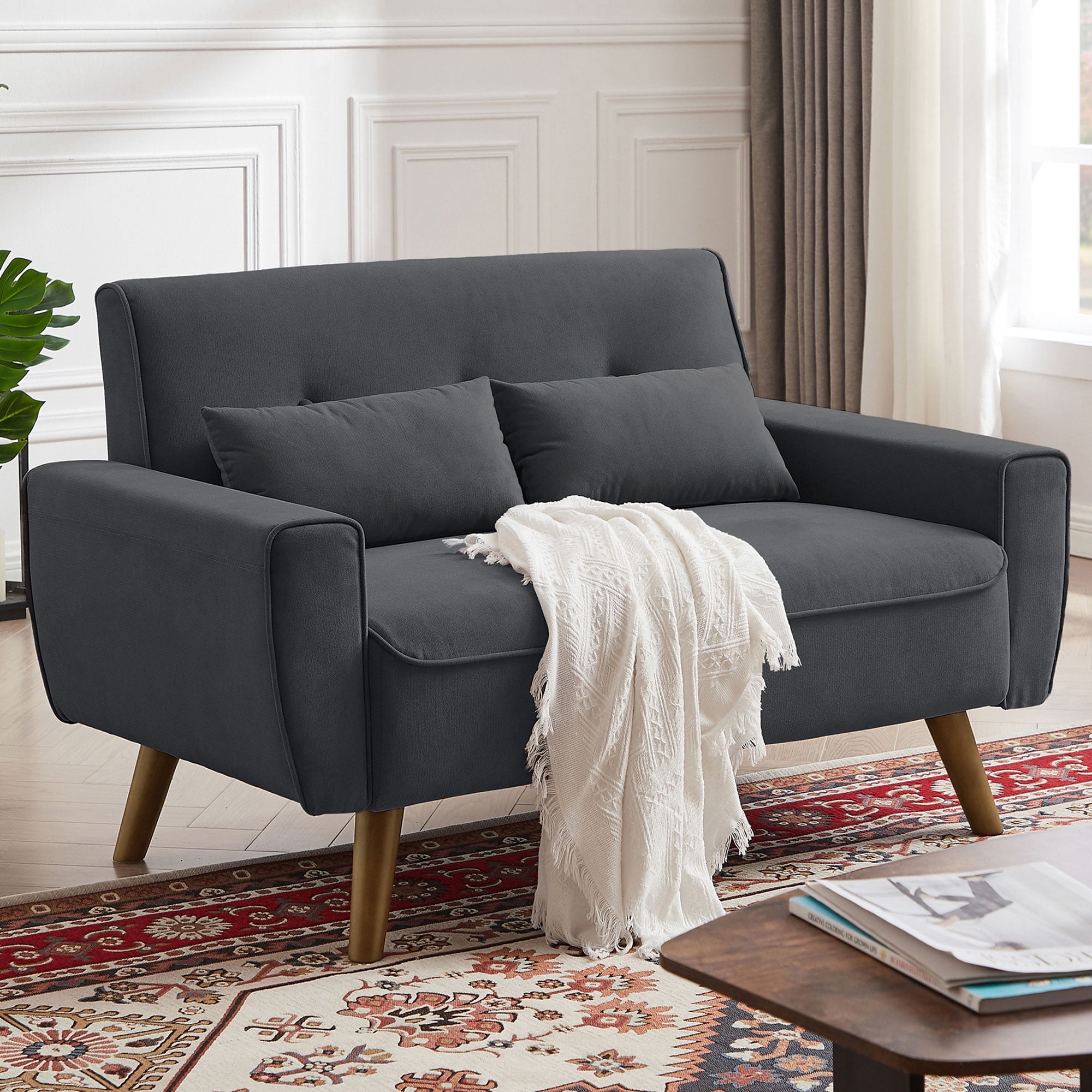 "Jarenie 47"" Mid-Century Modern Loveseat Sofa, Linen Fabric 2-Seat Couch with Tufted Back, Dark Grey"