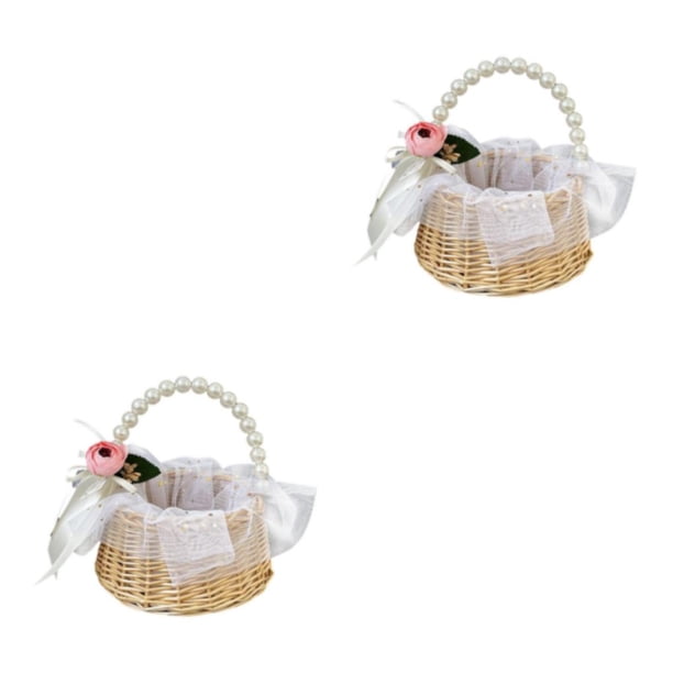 Cateissary Cesta de flores con mango de perla para dama de honor romántica, ceremonia de compromiso de fiesta, diseño Simple, cestas para Type4 NO4