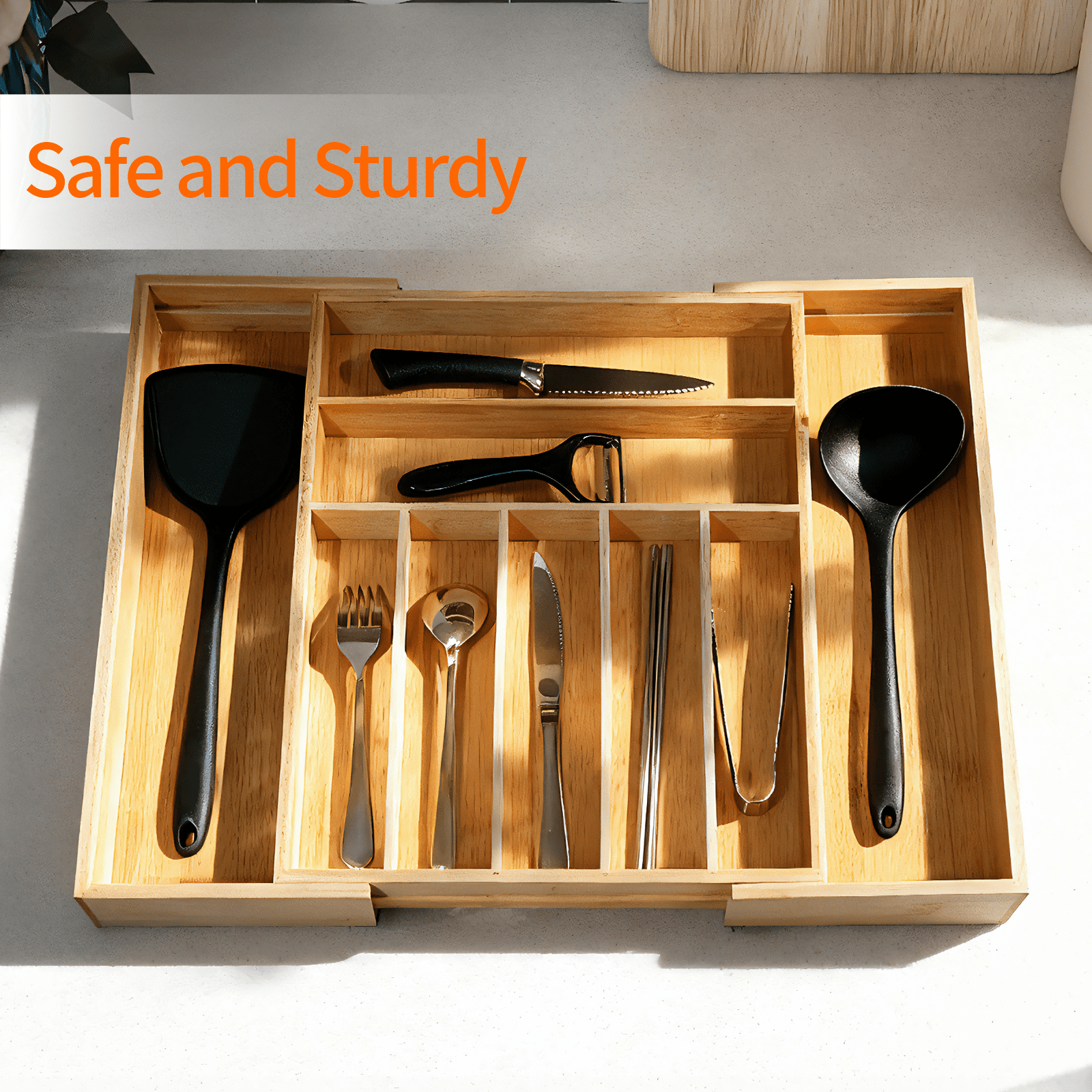 Bamboo Drawer Organizer Expandable 12.6” to 20” Wide, 9 Slot Silverware & Utensil Organizer Tray, Cutlery Drawer Dividers for Flatware, Knives, Spoons (Natural)