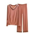 thumbnail image 3 of VBTAPA Women's 2 Piece Loungewear Sets Soft Modal Pajama Set V Neck Long Sleeve Shirts and Wide Leg Pants Matching Lounge Set Pink L, 3 of 4